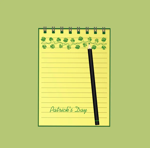 Notebook with template hand-drawn Green festive bunting with clover and pencil. Irish holiday - Happy St. Patrick's Day with a garland of three-leaf. Vector. A realistic notepad. Office stationery. — Stock Vector