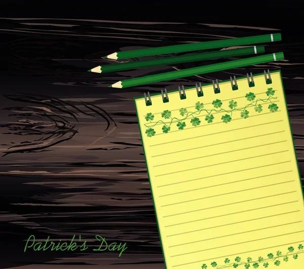 Cuaderno con plantilla dibujada a mano Bunting festivo verde con trébol y lápiz. Fiesta irlandesa - Feliz Día de San Patricio con una guirnalda de tres hojas. Vector. Un bloc de notas realista. Papelería de oficina. Fo — Vector de stock