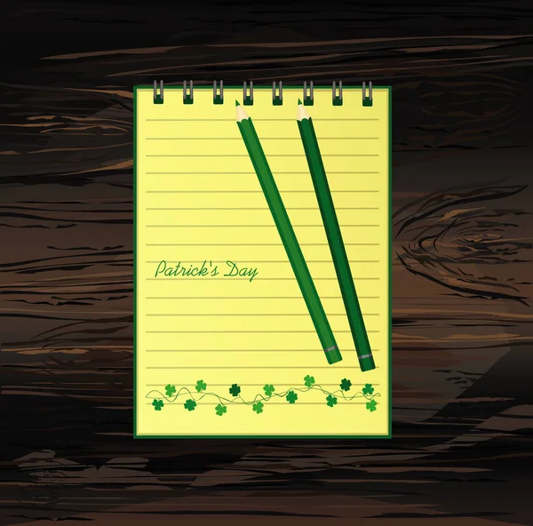 Laptop met sjabloon handgetekende groene feestelijke bunting met klaver en potlood. Ierse vakantie - Happy St. Patrick's Day met een krans van drie-blad. Vector. Een realistische Kladblok. Kantoorbenodigdheden. Fo — Stockvector