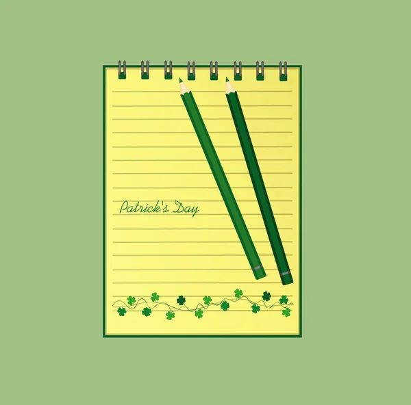 Cuaderno con plantilla dibujada a mano Bunting festivo verde con trébol y lápiz. Fiesta irlandesa - Feliz Día de San Patricio con una guirnalda de tres hojas. Vector. Un bloc de notas realista. Papelería de oficina . — Vector de stock