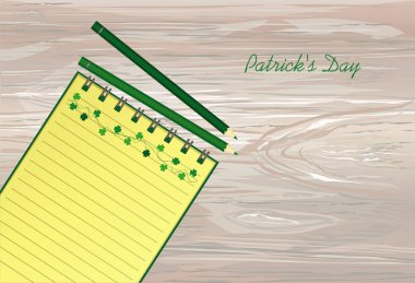 Not defteri şablon çizilmiş yeşil şenlikli kiraz kuşu ile yonca ve kalem ile. İrlandalı tatil - mutlu St. Patrick's günü üç yapraklı bir çelenk ile. Ahşap arka plan üzerinde vektör