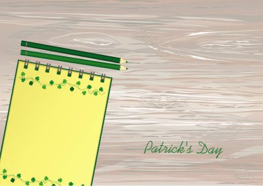 Not defteri şablon çizilmiş yeşil şenlikli kiraz kuşu ile yonca ve kalem ile. İrlandalı tatil - mutlu St. Patrick's günü üç yapraklı bir çelenk ile. Ahşap arka plan üzerinde vektör