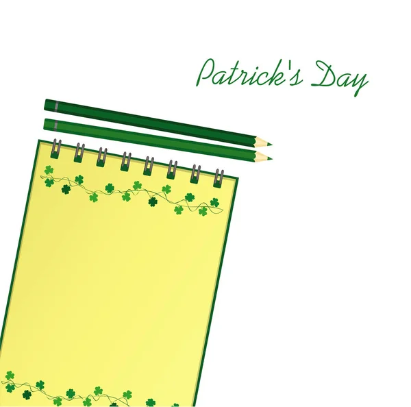 Anteckningsbok med mallen handritade grön festliga bunting med klöver och penna. Irländska semester - Happy St. Patrick's Day med en krans av tre-blad. Vektor. En realistisk anteckningar. Kontorsmaterial. — Stock vektor