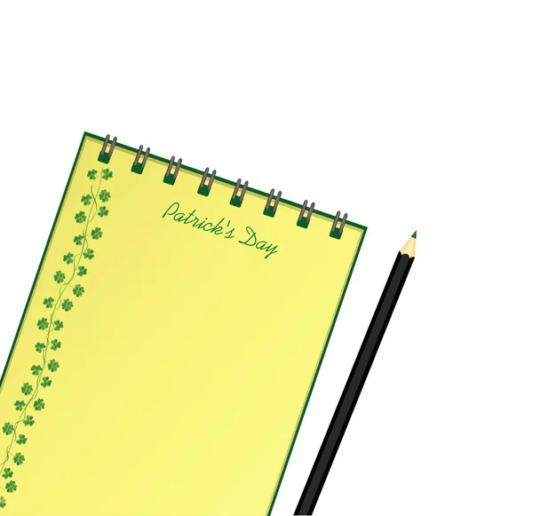 Cuaderno con plantilla dibujada a mano Bunting festivo verde con trébol y lápiz. Fiesta irlandesa - Feliz Día de San Patricio con una guirnalda de tres hojas. Vector. Un bloc de notas realista. Papelería de oficina . — Vector de stock