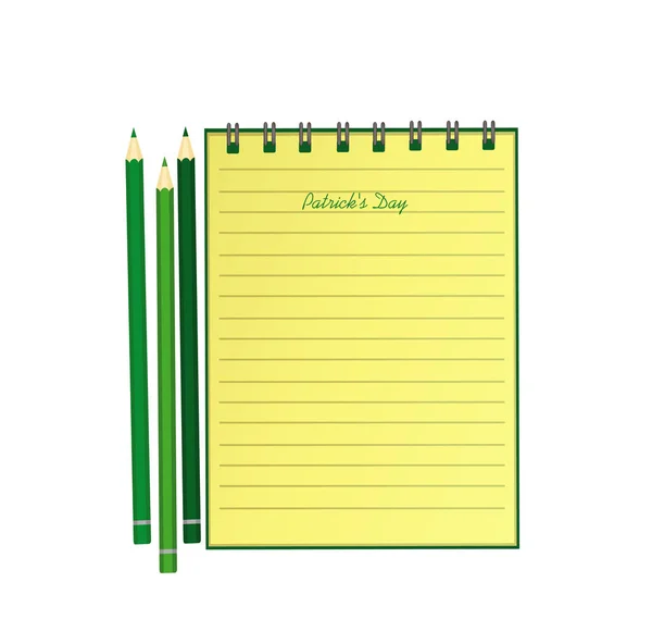 Cuaderno amarillo con plantilla dibujada a mano Bunting festivo verde con trébol y lápiz. Fiesta irlandesa - Feliz Día de San Patricio con una guirnalda de tres hojas. Tarjeta de felicitación en vacaciones. Vector . — Archivo Imágenes Vectoriales