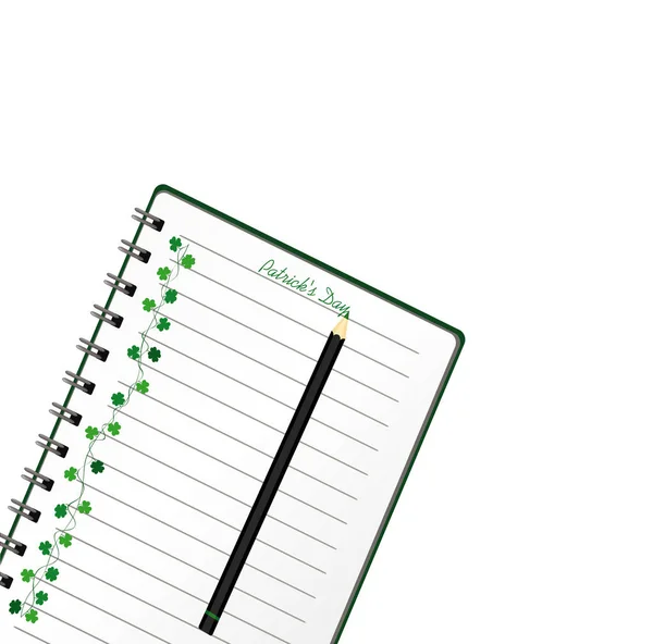 Carnet avec gabarit dessiné à la main Bruant vert festif avec trèfle et crayon. Vacances irlandaises - Joyeuse Saint-Patrick avec une guirlande de trois feuilles. Carte de voeux en vacances. Vecteur . — Image vectorielle