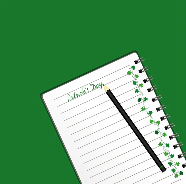 Cuaderno con plantilla dibujada a mano Bunting festivo verde con trébol y lápiz. Fiesta irlandesa - Feliz Día de San Patricio con una guirnalda de tres hojas. Tarjeta de felicitación en vacaciones. Vector . — Archivo Imágenes Vectoriales