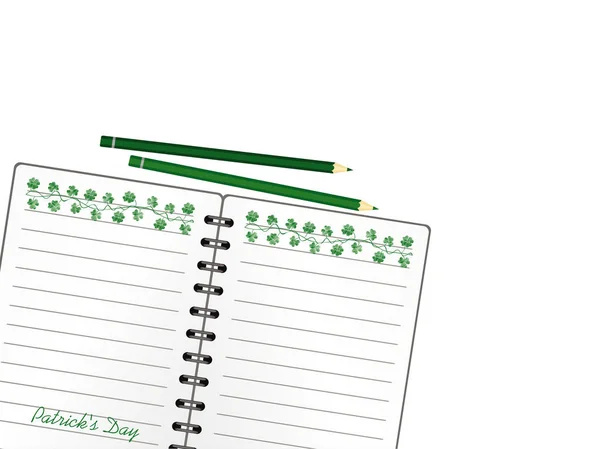 Cuaderno con plantilla dibujada a mano Bunting festivo verde con trébol y lápiz. Fiesta irlandesa - Feliz Día de San Patricio con una guirnalda de tres hojas. Tarjeta de felicitación en vacaciones. Vector . — Vector de stock