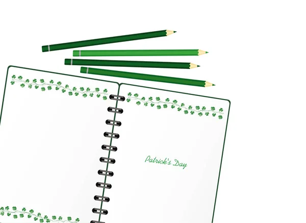 Cuaderno con plantilla dibujada a mano Bunting festivo verde con trébol y lápiz. Fiesta irlandesa - Feliz Día de San Patricio con una guirnalda de tres hojas. Tarjeta de felicitación en vacaciones. Vector . — Archivo Imágenes Vectoriales