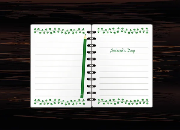 Notebook z szablonem ręcznie rysowane zielony świąteczny Bunting z koniczyny i ołówek. Irlandzkie święto-Happy St patrick's Day z wieniec z trzech liści. Kartki okolicznościowe na wakacjach. Wektor na drewnianej backgro — Wektor stockowy