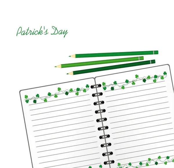 Cuaderno con plantilla dibujada a mano Bunting festivo verde con trébol y lápiz. Fiesta irlandesa - Feliz Día de San Patricio con una guirnalda de tres hojas. Tarjeta de felicitación en vacaciones. Vector . — Vector de stock