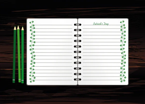 Anteckningsbok med mall handritade gröna festliga Bunting med klöver och penna. Irish Holiday-Happy St Patrick ' s Day med en krans av tre blad. Gratulationskort på semester. Vektor på trä backgro — Stock vektor