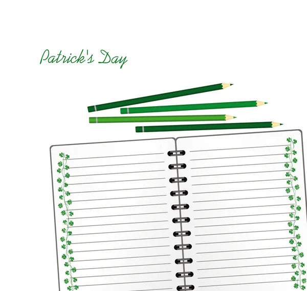 Cuaderno con plantilla dibujada a mano Bunting festivo verde con trébol y lápiz. Fiesta irlandesa - Feliz Día de San Patricio con una guirnalda de tres hojas. Tarjeta de felicitación en vacaciones. Vector . — Vector de stock