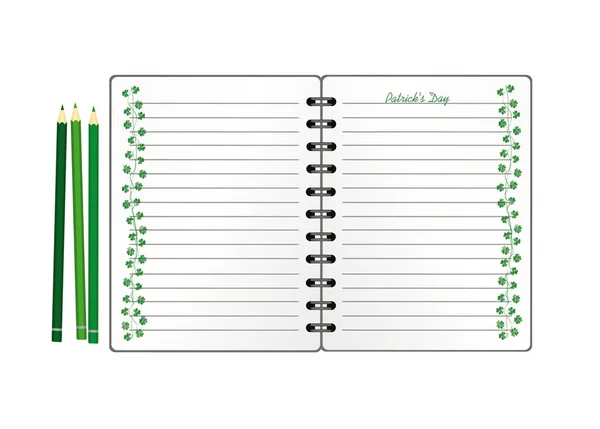 Notebook com modelo desenhado à mão Green festive bunting com trevo e lápis. Férias irlandesas - Feliz Dia de São Patrício com uma grinalda de três folhas. Cartão de felicitações nas férias. Vetor . — Vetor de Stock