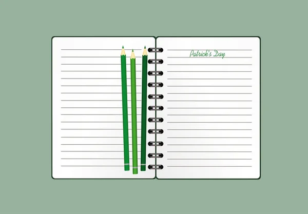 Cuaderno con plantilla dibujada a mano Bunting festivo verde con trébol y lápiz. Fiesta irlandesa - Feliz Día de San Patricio con una guirnalda de tres hojas. Tarjeta de felicitación en vacaciones. Vector . — Archivo Imágenes Vectoriales