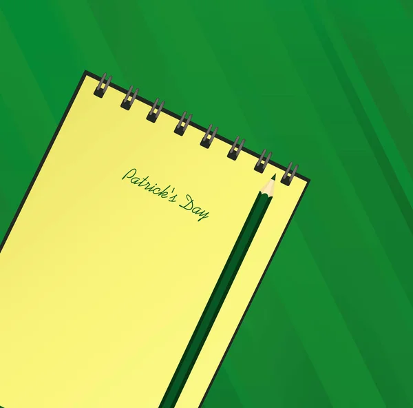 テンプレート手描きの緑のお祝いのバンティングクローバーと鉛筆と黄色のノートブック。アイルランドの休日 - 三つ葉の花輪とハッピーセントパトリックの日。緑色の背景上のベクトル — ストックベクタ