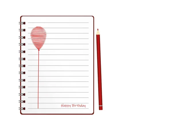 Cuaderno Con Globo Rojo Dibujado Mano Lácteos Lápices Tarjeta Felicitación — Vector de stock