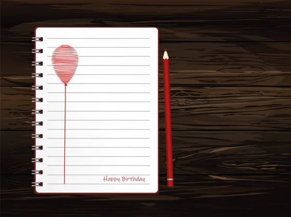 带红色气球手绘的笔记本 乳制品和铅笔 节日贺卡 木制背景上的矢量 逼真的记事本 办公室文具 对于注释 — 图库矢量图片