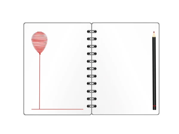 带红色气球手绘的笔记本 乳制品和铅笔 节日贺卡 逼真的记事本 办公室文具 对于注释 — 图库矢量图片