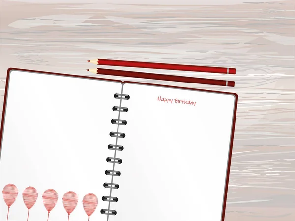 Cuaderno Con Globo Rojo Dibujado Mano Lácteos Lápices Tarjeta Felicitación — Vector de stock