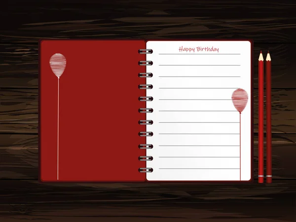 Notizbuch Mit Rotem Luftballon Handgezeichnet Milchprodukte Und Bleistifte Grußkarte Urlaub — Stockvektor