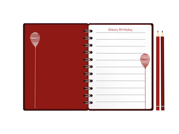 Quaderno Con Palloncino Rosso Disegnato Mano Latticini Matite Biglietto Auguri — Vettoriale Stock