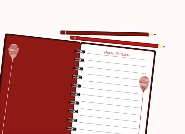 Cuaderno Con Globo Rojo Dibujado Mano Lácteos Lápices Tarjeta Felicitación — Vector de stock