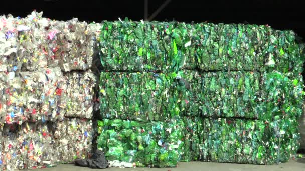 OLOMOUC, REPÚBLICA CHECA, 25 DE ABRIL DE 2018: Envase separado y prensado de plástico blanco transparente y botellas verdes listo para el reciclaje y producción de otros nuevos materiales, ambientalmente — Vídeo de stock