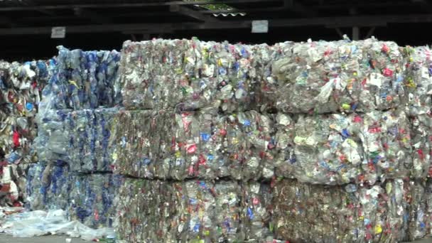 OLOMOUC, CZECH REPUBLIC, APRIL 25, 2018: Separated and pressed transparent white plastic and green blue bottles package ready for recycling and production of other new materials, environmentally — Stock Video