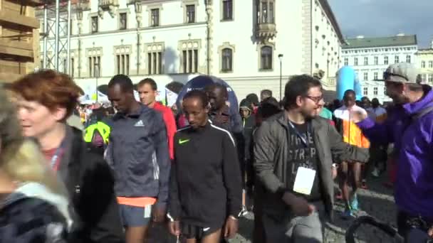 Olomouc, Çek Cumhuriyeti, 23 Haziran 2018: kamu tanıtımı başlamadan önce yarım maraton yarışı Olomouc ünlü Kenya ve Etiyopya Stephen Kiprop, Jemal Yimer, Netsanet Gudeta elit koşucu — Stok video