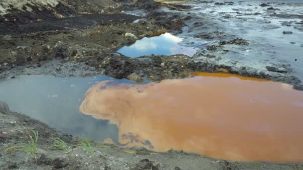 The former dump toxic waste, effects nature from contaminated soil and water with chemicals and oil, environmental disaster, contamination of the environment, oil lagoon pollution, Europe — Stock Video