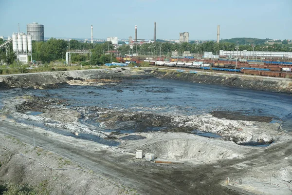 The former dump toxic waste in Ostrava, oil lagoon. Effects nature from contaminated water and soil with chemicals and oil, environmental disaster, contamination of the environment