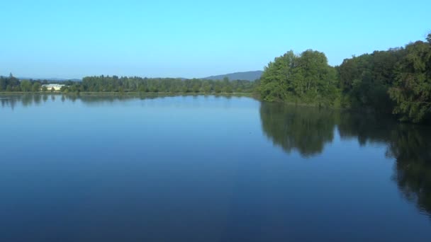 Velka Podvinice jezioro jest ekonomiczny i rolnych staw dla hodowli karpia ryb, głównie karp i lin, jakości wody opieki i linii brzegowej, piękne błękitne wody rano z lasów, Czechy, Europa — Wideo stockowe