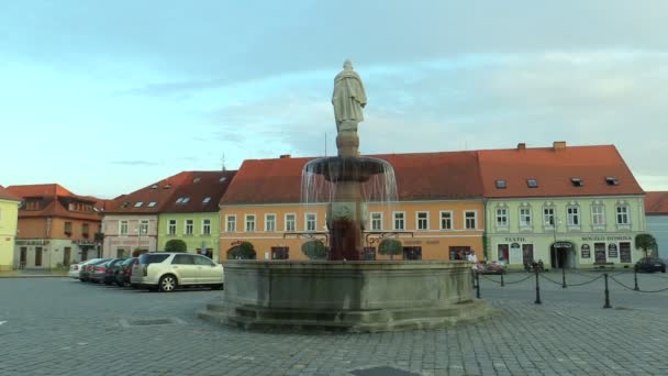 Vodnany, Τσεχική Δημοκρατία, 2 Σεπτεμβρίου 2018: Πλατεία της πόλης Vodnany με ένα σιντριβάνι και το άγαλμα της ελευθερίας από το 1928, οι άνθρωποι πηγαίνουν σε τετράγωνο, ιστορική αρχιτεκτονική με τα σπίτια, Μνημεία — Αρχείο Βίντεο
