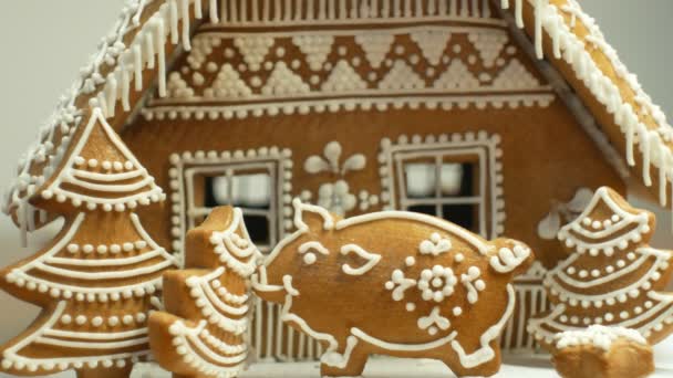 Lebkuchenhaus und Hüttenkuchen schön, Sparschwein, dekoriert mit einer Süßwaren weißen Zuckerguss mit geschlagenem Eiweiß, volkstümliche kreative Arbeit, Dekoration für Weihnachten — Stockvideo