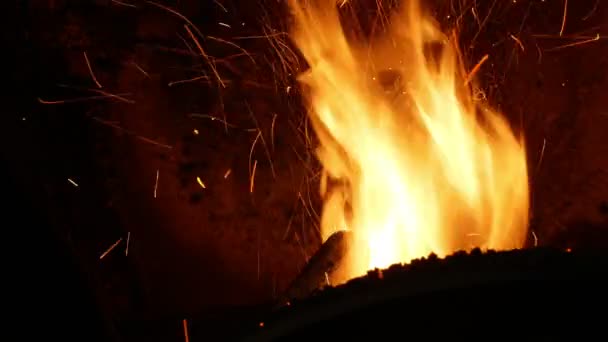 Pellets de combustión de fuego con aserrín de abeto en la entrega esparcir paletas de madera bio a la caldera industrial moderna, chispas vuelan y llamas detalle fuego, biocombustibles hechos de combustible de biomasa comprimida — Vídeos de Stock