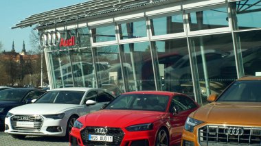 OLOMOUC, CZECH REPUBLIC, JANUARY 30, 2019: Audi car showroom brand glassed sales shop and store, luxury logo cars for wealthy people, highly thoughtful ergonomics and design, a traditional German clipart