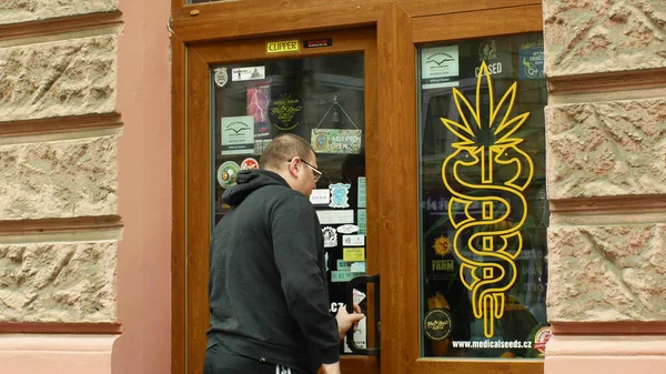Olomouc, Republika Czeska, 2 stycznia 2019: Sklep konopi marihuany, również sprzedaje nasiona produktów, sklep z konopi marihuany symbole, ludzie wchodzą sklep, sprzedaż bong — Zdjęcie stockowe