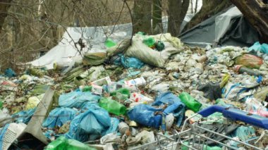 Olomouc, Çek Cumhuriyeti, 2 Ocak 2019: Bi boka yaramaz alışveriş sepeti siyah döküm atık ve çöp kutusu çöp poşetleri manzara orman çöp çöp, yaprak evsiz ahşap plastik folyo chalet ini 4k