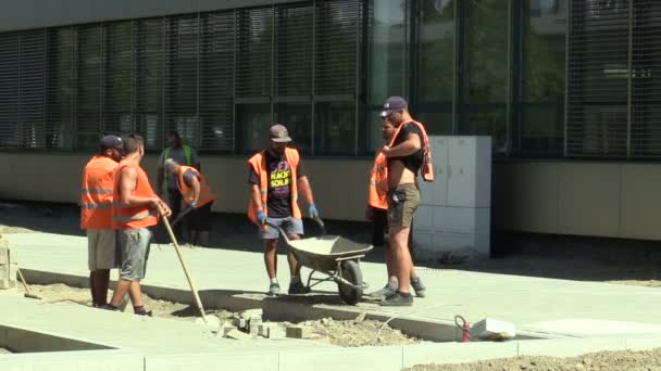 Los gitanos romaníes y los gitanos trabajan en una empresa de construcción en la construcción de una universidad universitaria, los trabajadores jóvenes trabajan — Vídeo de stock