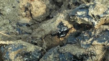 Ayrıntılı olarak toksik katran asfalt kimyasal ve closeup kil. Eski damperli atıklar, kimyasal ve yağ ile kirlenmiş toprak ve sudan doğa etkileri, siyah bitüm rafine sentetik malzeme
