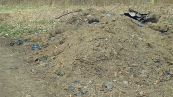 Szennyeződési szennyezés a talaj, a mérgező kátrányos aszfalt kémiai részletesen és closeup. Volt lerakó hulladék, hatások természet, fekete bitumen finomított szintetikus anyag, míg a kőolaj-ciklus — Stock videók