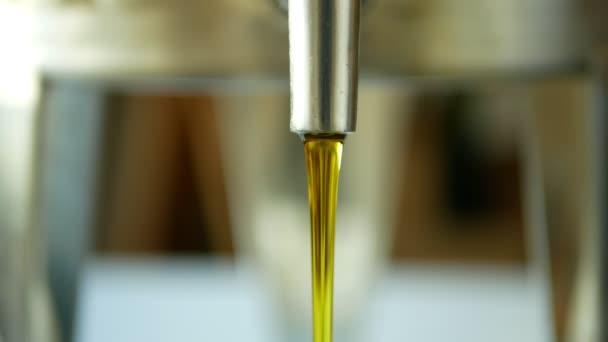 橄榄油有机质生物，液体从橄榄，活性，黄金混合和倒入钢桶，为冷食品和油炸食品，填充碗，树作物，滴或滴 — 图库视频影像