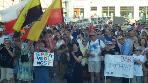 PRAGUE, CZECH REPUBLIC, JUNE 11, 2019: Demonstration of people crowd against the Prime Minister Andrej Babis, a banner with a draw with Babis lied yesterday today — Stock Video