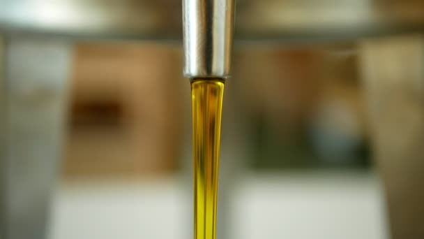 Řepkový olej bio kvalita biopotravin, nalít a nalévat v ocelovém baretu, pro studené potraviny a smažené potraviny, plnění mísy, aromatická bublina řepkového oleje, Vegetariánská kuchyně — Stock video