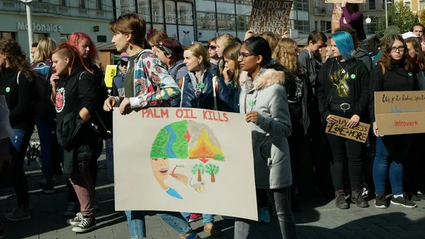 Brno, 20 september 2019: Vrijdag voor de toekomst, demonstratie tegen klimaatverandering, banner sign palm oil kills, people students women or gils Indiase ecologie menigte mars staking — Stockfoto