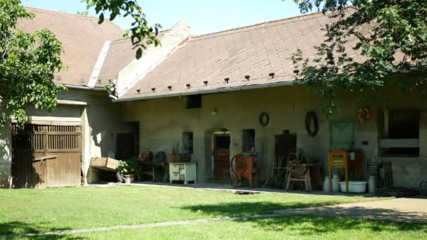 OLOMOUC, REPÚBLICA CHECA, 5 DE SEPTIEMBRE DE 2019: Casa de campo tradicional de Moravia vieja gente gruñe Hana con granero y cortadora de máquinas, ganado. Real de campesino choza única, aldea de granja — Vídeo de stock