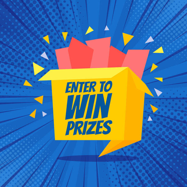 Enter to win prizes gift box. Мультфильм оригами стиль векторной иллюстрации. Поп-арт фон
