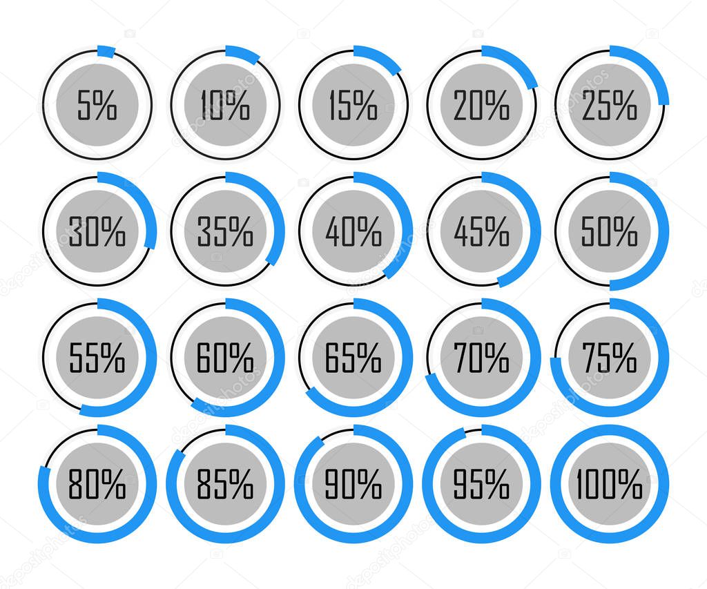 icons template pie graph circle percentage blue chart 5 10 15 20 25 30 35 40 45 50 55 60 65 70 75 80 85 90 95 100 percent set illustration round vector.