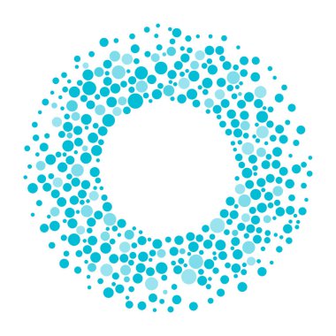 Metniniz için boş alan içeren yuvarlak nokta çerçevesi. Çerçeve mavi noktalar veya çeşitli boyutta noktalar yapılmış. Daire şekli. Mavi soyut arka planın tonları.
